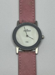 Women Skagen Watch Freja Steel Silver Case Pink Leather Band White MOP