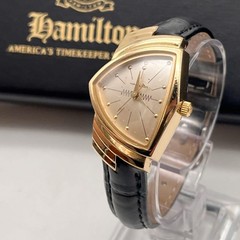 W/box Vintage Hamilton Ventura 6258 Quartz Ladies Gold Black Cleaned product