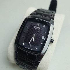 Citizen Eco Drive E111 Men’s Stainless Steel Black Date Dial Watch Working 7.5in