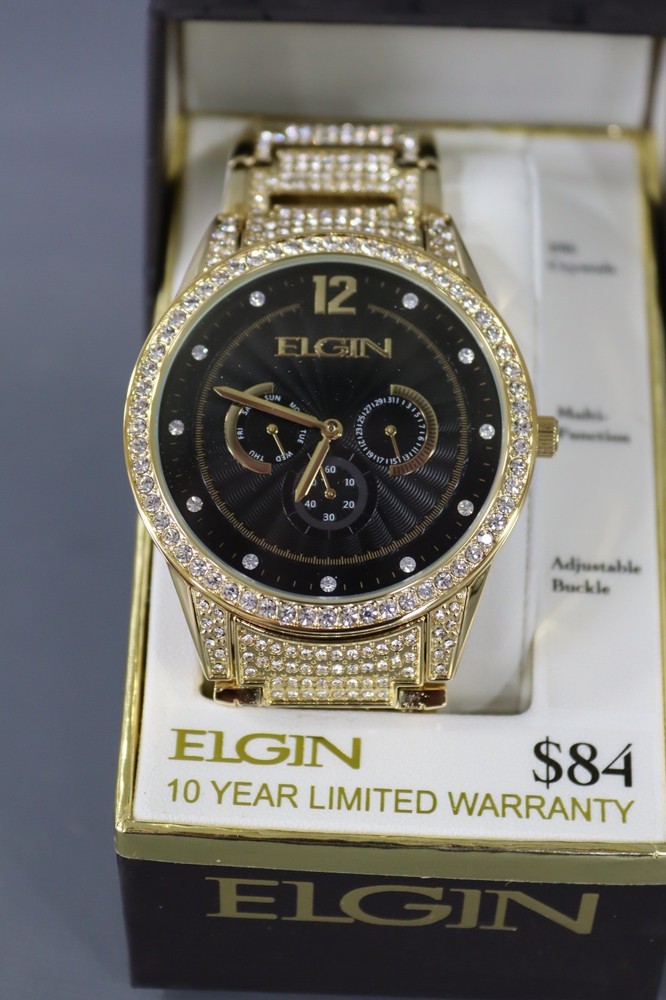 Elgin Men’s Gold-Tone 295 Crystals Black Dial Watch – FG160030G