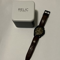 Relic Dual Time Men’s Quartz 45mm Black Dial Date Brown Leather Strap 50m