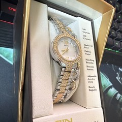 Elgin Women’s Two-Tone Crystal Watch & Matching Bracelet Gift Set Mother of Pear