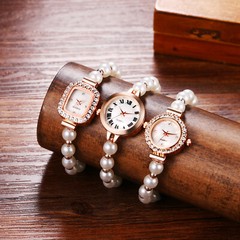 Womens Artificial Pearl Rhinestone Quartz Wrist Watch Adjustable Slider Bracelet