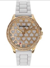 New Juicy Couture Ladies Watch Gwen Gold Crystal Hearts White Silicone Band $195