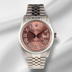 Rolex 36mm Datejust Steel Engine-Turned Peach Roman Diamond Dial Watch