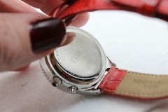 Women’s DMQ Chronograph Watch Red Leather Crystal Accents ~ Good Condition