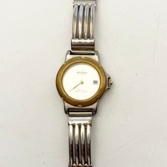 Skagen Watch Women Silver Tone White Dial Gold Bezel Ribbed Band Needs Battery