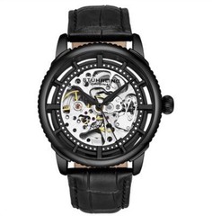 StuhrlingMen’s Black Alligator Embossed Genuine Leather Strap Watch 42mm