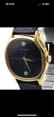 Wittnauer 17J Manual Wind Gold Tone Case Black Dial Diamond Markers Leather