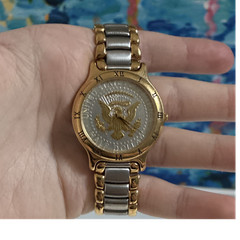 Silver Dollar Coin Dial Quartz Wristwatch Roman Numerals Two-Tone Bracelet
