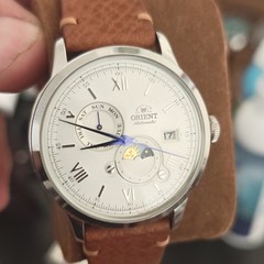 Orient Bambino Sun & Moon Automatic White Dial Brown Leather Strap Watch
