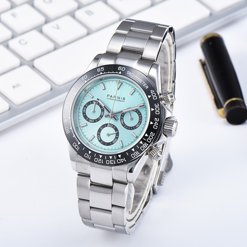 39mm Parnis Blue Dial Sapphire Glass Quartz Movement Men’s Chronograph Watch New