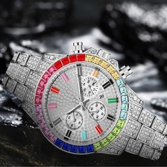 Iced-Out Multicolor CZ Bustdown Watch VVS Simulated Diamond Hip-Hop Style Rapper