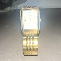 Citizen Quartz Rectangular Gold Tone Bracelet Watch Day/Date Roman WR50 50m