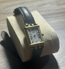 Jaz Paris Quartz Women’s Rectangle Gold Tone Case Black Leather Strap White Dial