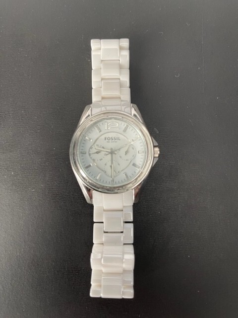 Fossil Riley Watch Womens White Multi Dial New Battery 6.5″ MISSING Bezel