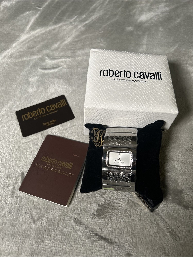 Roberto Cavalli Pavon Women’s Rectangular Analog Bangle Watch With Box