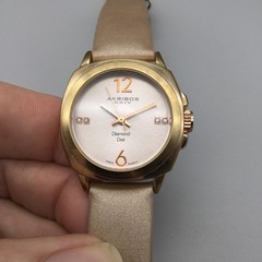 Akribos XXIV Womens Watch 30mm Diamond Dial Gold Tone Beige Satin Strap