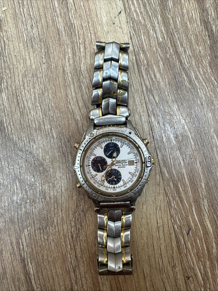 Seiko Chronograph 7T32-7E49 Sport Two Tone Panda Mens Watch Water Resistant 200M
