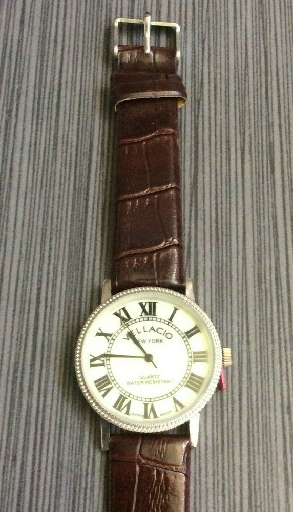 Vellacio Men’s Watch Round Luminous Dial Roman Numerals Brown Leather Band New!