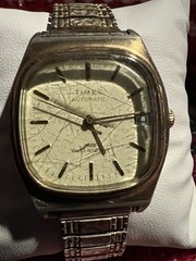 Timex Automatic 16J Watch Silver Dial Date Cushion Gold Tone Expansion Bracelet
