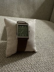 Breda Quartz Green Dial Rectangle Stainless Steel Wristwatch Brown Leather 3 ATM