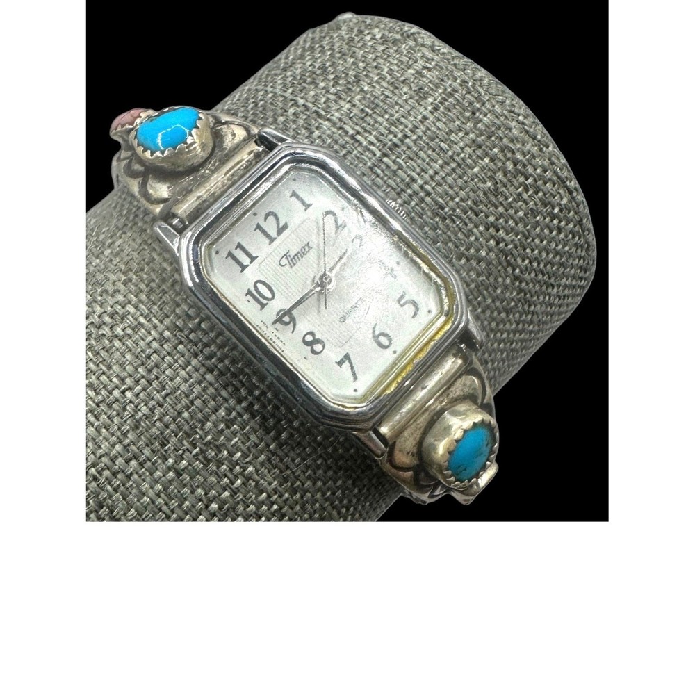 Sterling Silver Turquoise Coral Timex Watch 7in Stretch Band Southwestern
