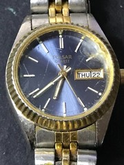 Pulsar Watch Women 2 Tone Blue Dial Day/date 24mm Round V628-0050, Run (Lot2068)