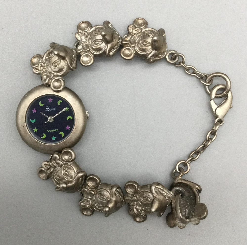 Vintage Louis Watch 22mm Womens Mouse Bracelet Stars Moons New Battery 7″