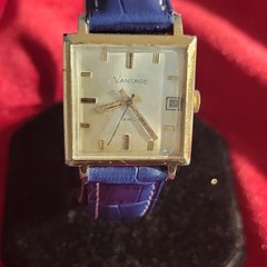 Vantage Vintage Square Manual Wind 17J Date Gold Case Silver Dial Blue Strap