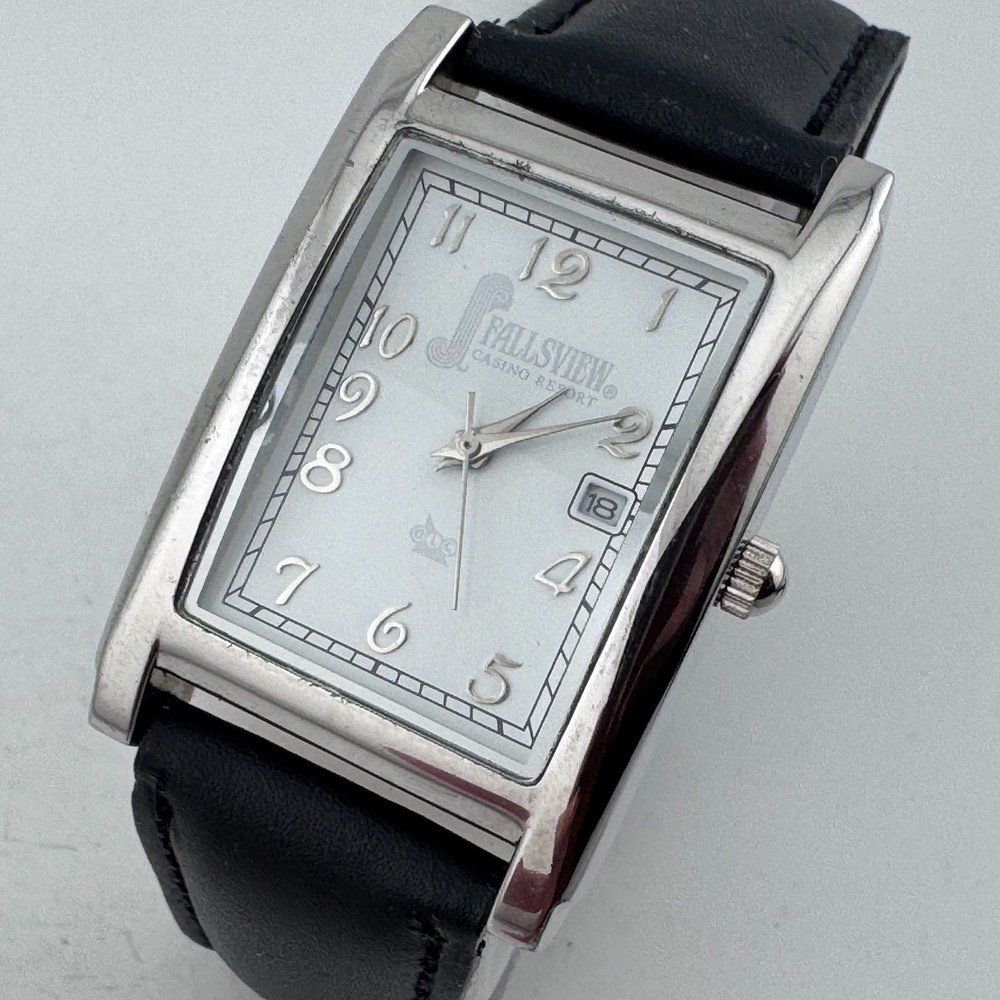 Fallsview Casino Quartz Watch Men Silver Rectangle Leather Analog New Battery