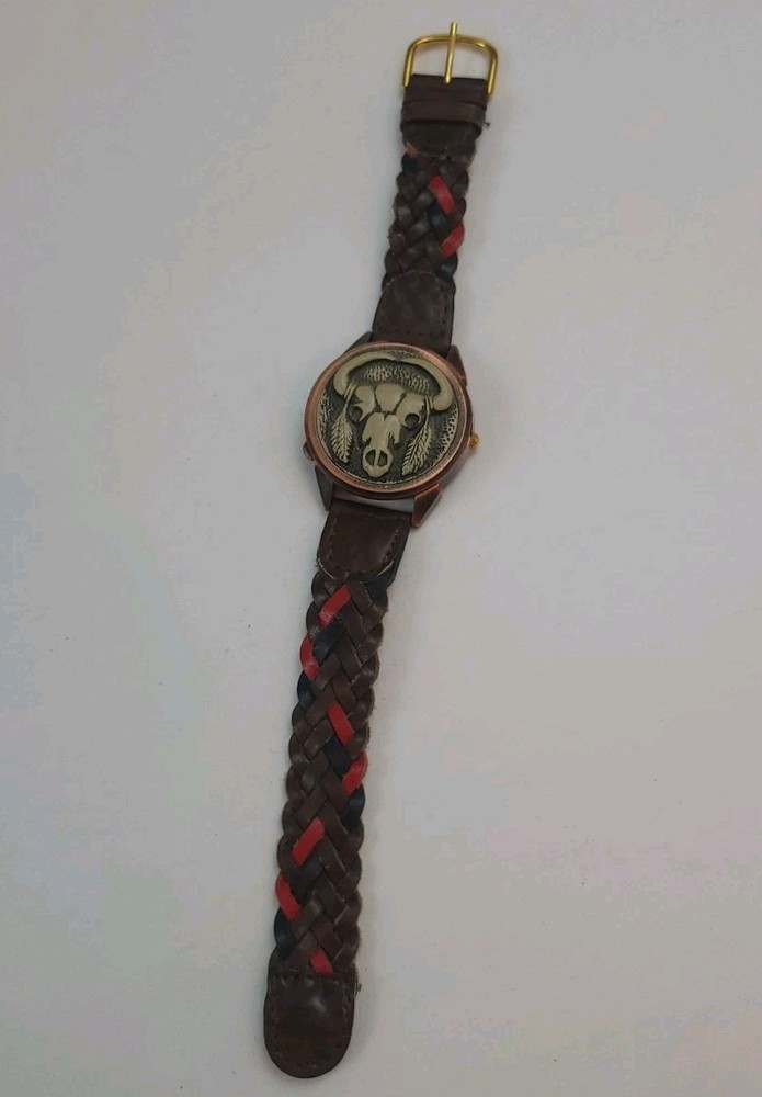 Pearl Quartz Southwest Skull Cover Watch Braided Leather Native NON WORKING READ