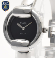 [Exc+5] GUCCI 1400L Black Dial Silver Bangle Quartz Ladies Vintage Watch 16.5cm