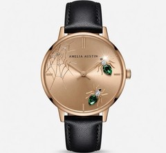 Amelia Austin Rose Gold Spider Web Crystal Women’s Watch Black Leather Strap