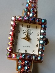 KIRKS FOLLY WATCH GOLD TONE PINK & BLUE AURORA BOREALIS CRYSTAL HINGED CUFF RUNS