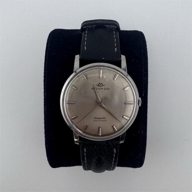 Movado Kingmatic Swiss Made Automatic Silver Dial SS Case Black Leather Strap