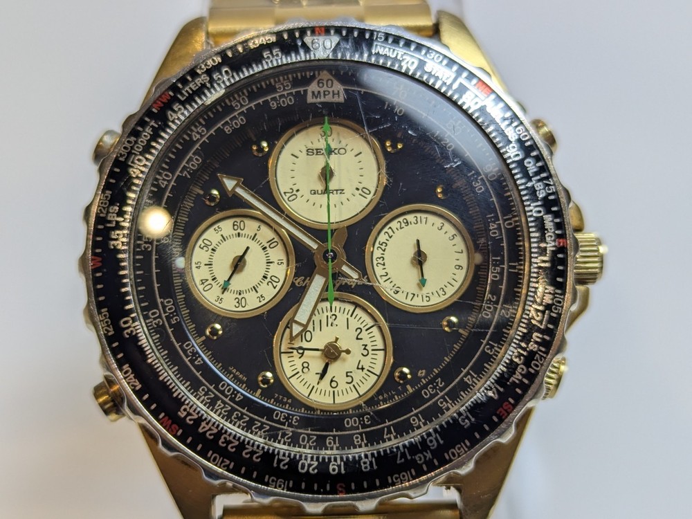 Vintage Seiko Flightmaster SNA414 Gold-Tone Watch 7T34-6A09 New Bracelet!