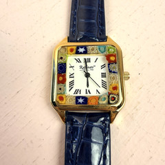 Raffinato Italy Millefiori Glass Watch Art Glass Bezel Blue Leather Band WR
