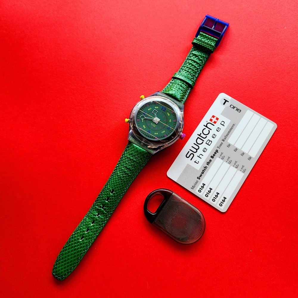 Swatch Beep Green Dial & Leather Watch Card Tool Pager For Repair