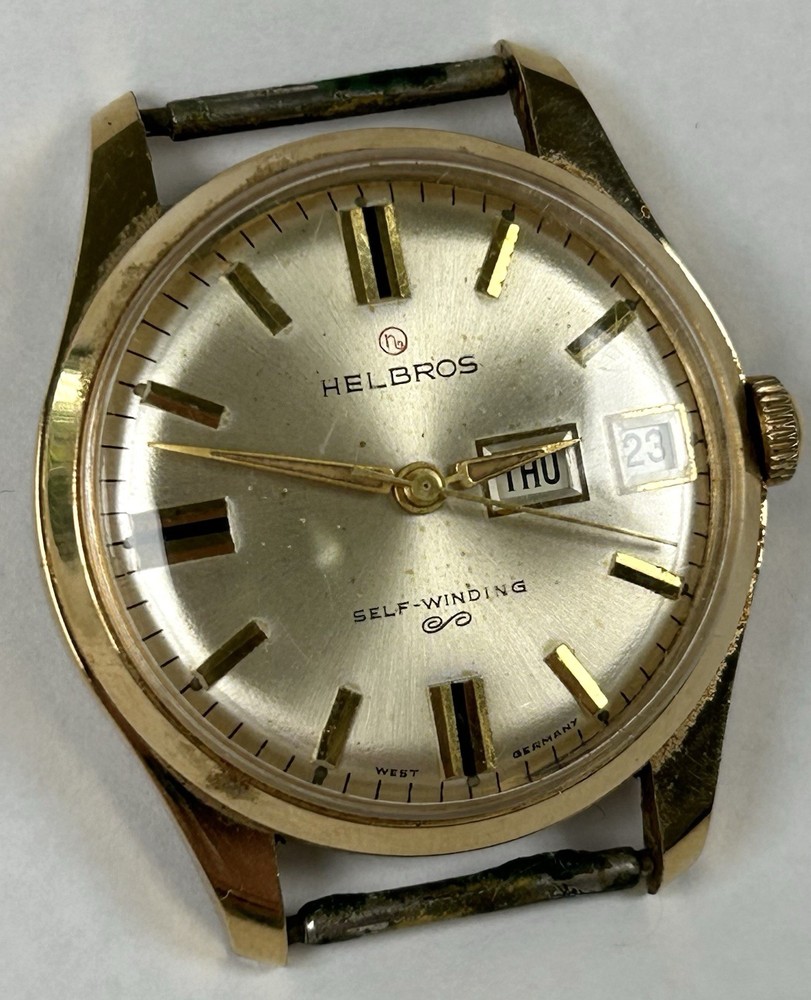 Vintage Helbros Self-Winding Watch Day Date West Germany 17 Jewels RUNNING