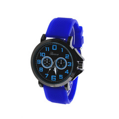 Geneva Black Finish Chronograph Style Quartz Watch Blue Silicone Band Modern