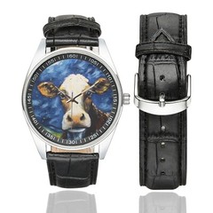 Starry Night Cow Watch with Black Leather Band For Adult