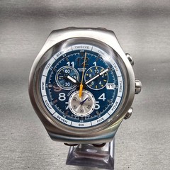 Swatch Irony THE CHRONO Watch Men Blue Dial Silver Tone Date YOS410 New Battery