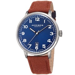 Men’s Akribos XXIV AK1025BRBU Quatz Day Classic Beige Canvas Leather Strap Watch
