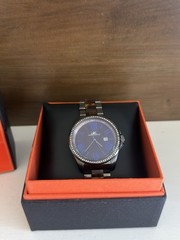 Adee Kaye Blue Dial Analog Quartz Date Dress Watch w/ Box, Brown Bracelet