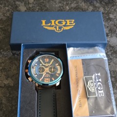LIGE Men’s Chronograph Quartz Watch Blue Dial Black Leather Strap Box Papers