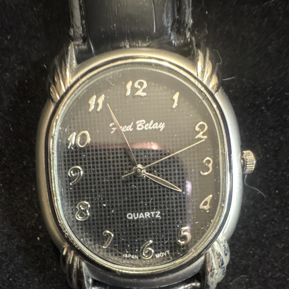 Fred Belay Women’s Dress Quartz Watch Black Textured Dial Silver Case Leather