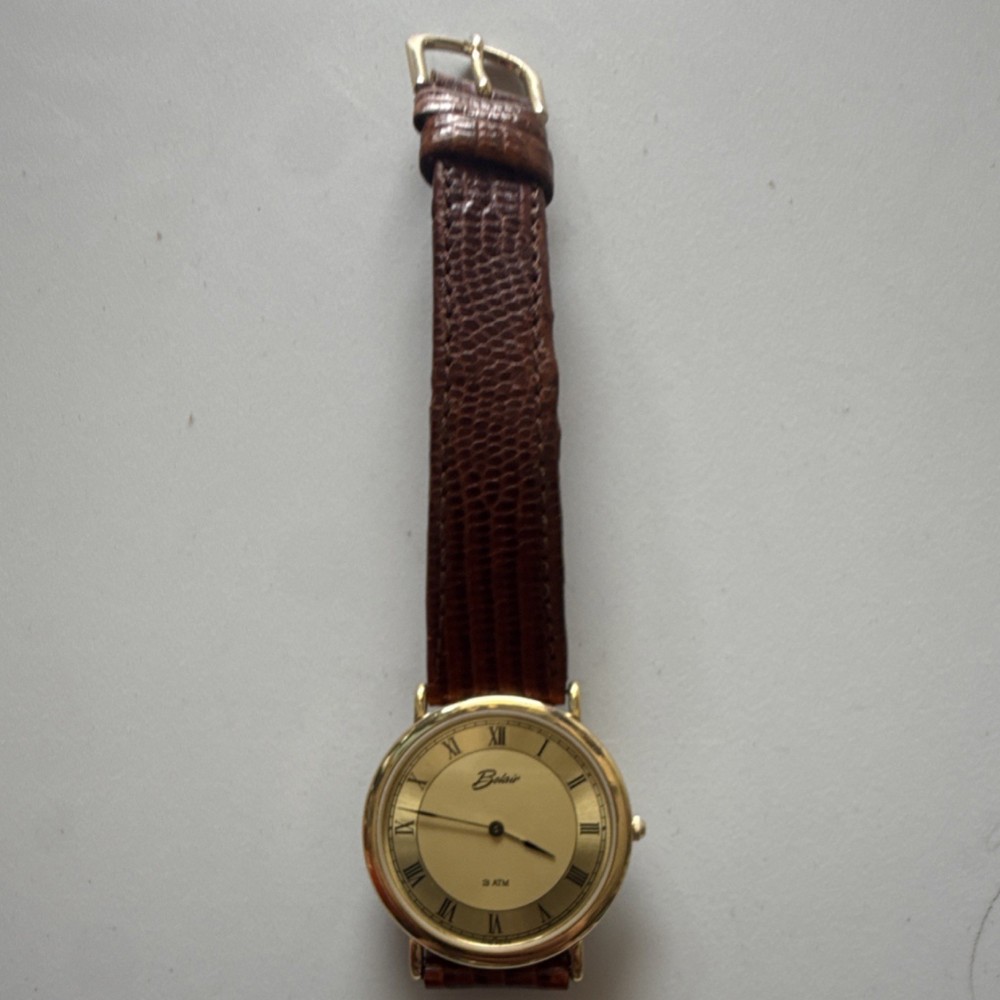 Belair Classic Gold Plated Analog Wristwatch Roman Numerals Brown Leather 3 ATM