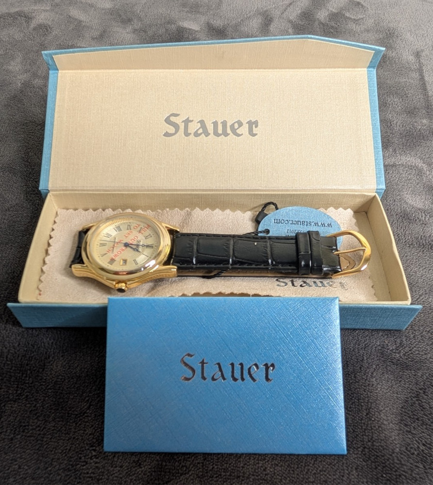 Stauer Metropolitan #17961 Japan Movt Genuine Black Leather NIB Blue Hands