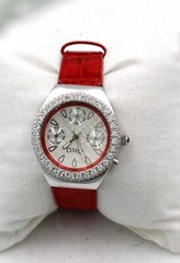 Women’s DMQ Chronograph Watch Red Leather Crystal Accents ~ Good Condition